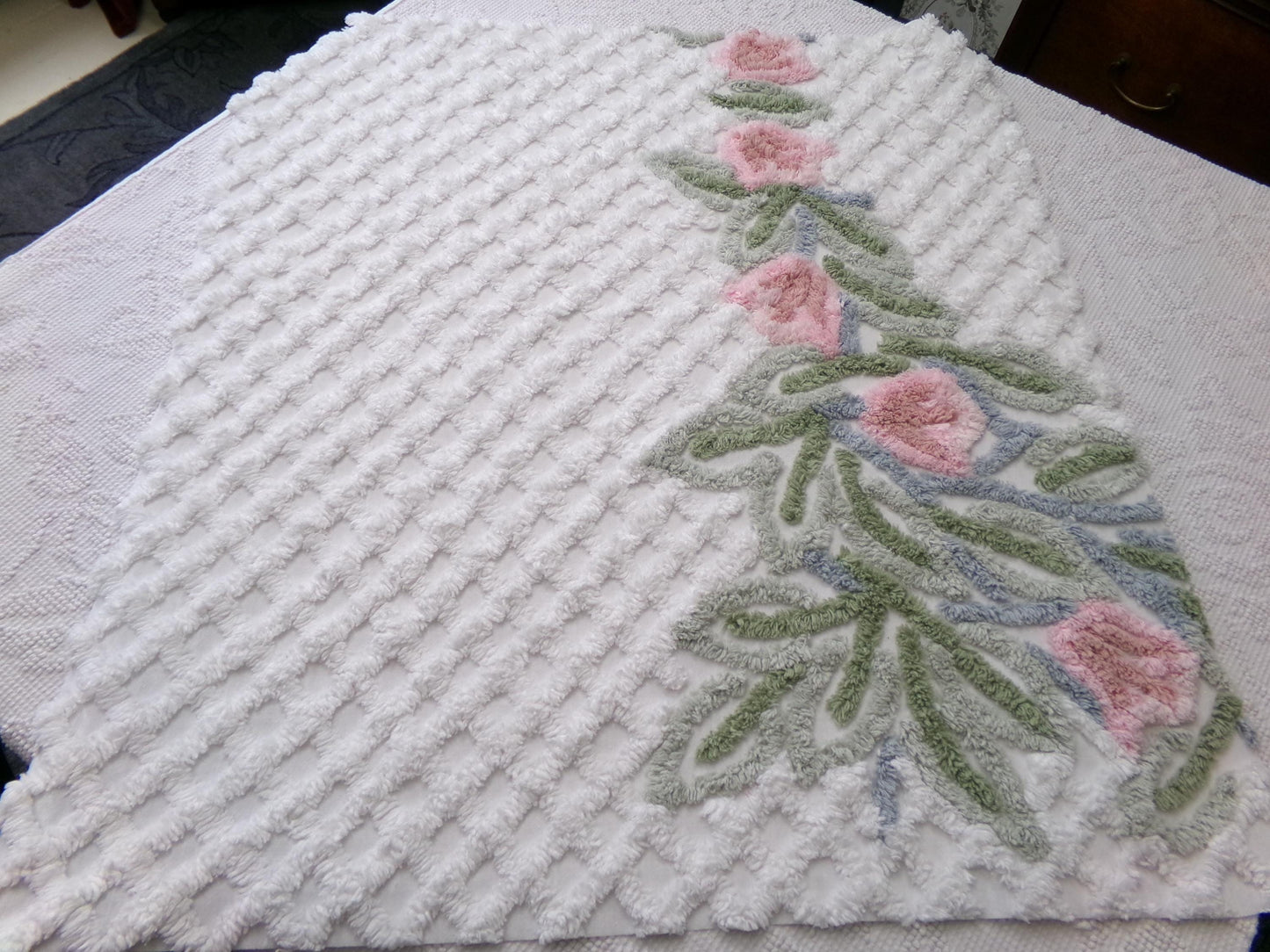 climbing tulips vintage chenille fabric in plush pink & white offset floral trellis design, 26" x 24" piece of sewing material