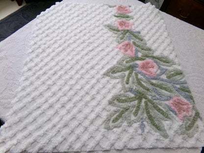 climbing tulips vintage chenille fabric in plush pink & white offset floral trellis design, 26" x 24" piece of sewing material