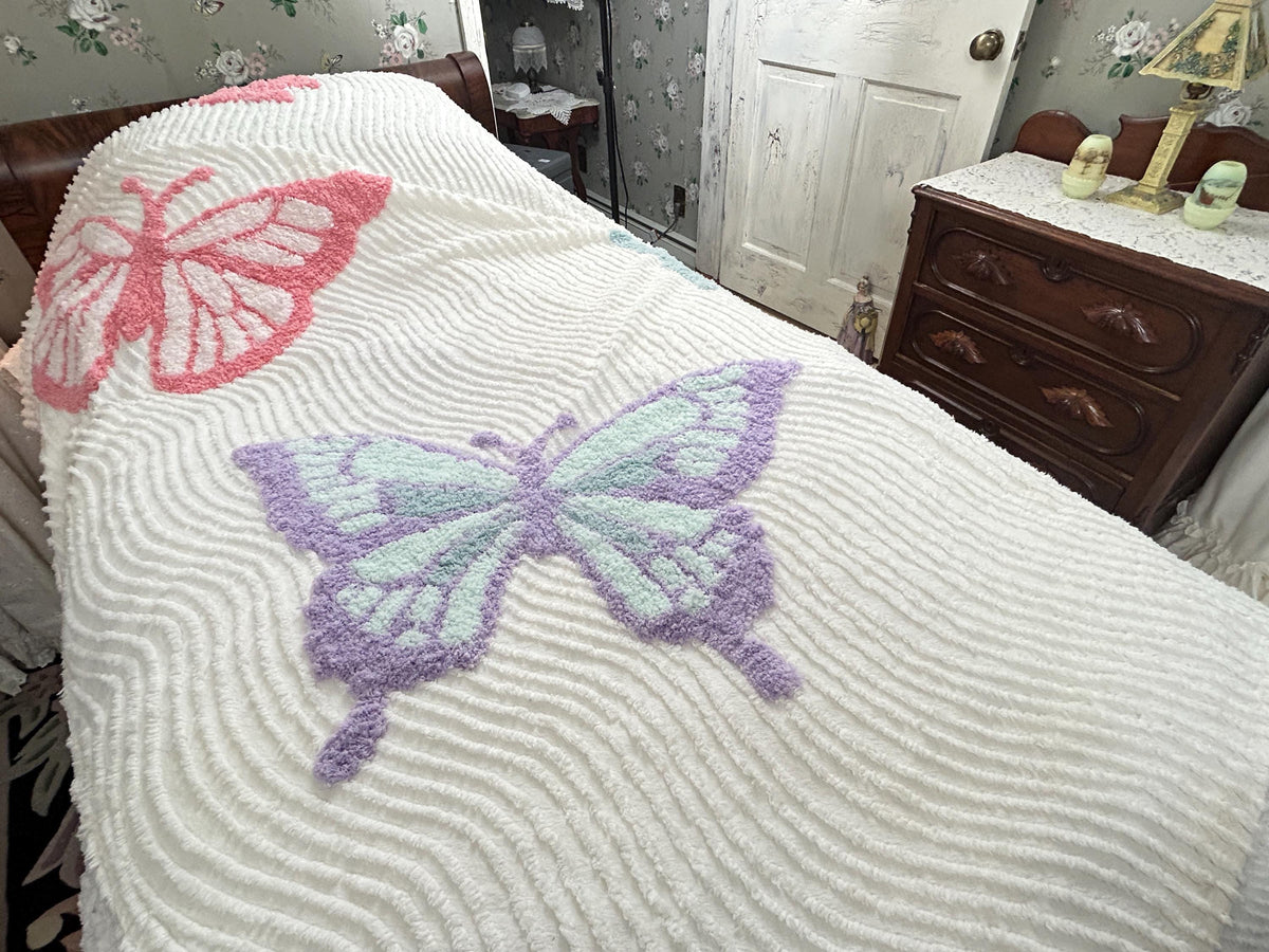 Butterfly Chenille Bedspread, Y2K Vintage Style Whimsy Butterflies, Full Queen Size