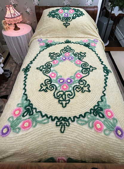 Vintage Yellow Chenille Bedspread, Lollipop Roses & Green Medallion Scrolls, Full Size
