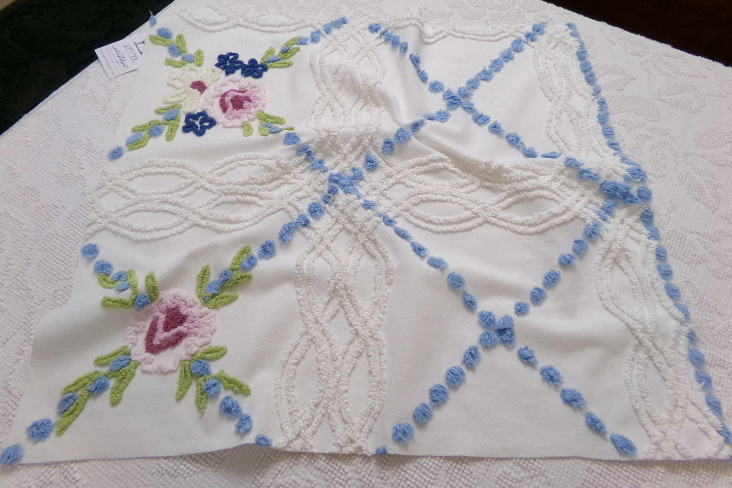 Shabby Coastal Vintage Chenille Fabric, Blue & White Floral Sewing Material 21" x 23" Piece