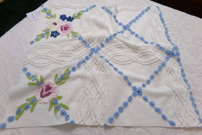 Shabby Coastal Vintage Chenille Fabric, Blue & White Floral Sewing Material 21" x 23" Piece