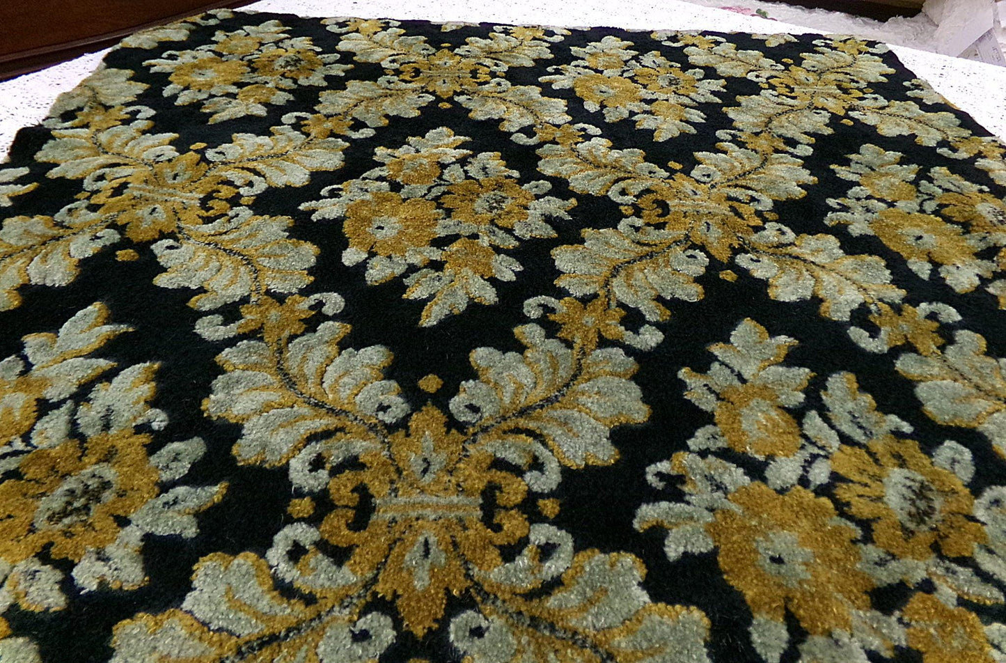 Vintage Damask Velvet Fabric Opulent Soot Black & Silver Grey Gold Upholstery Weight Small Pc 23x25"