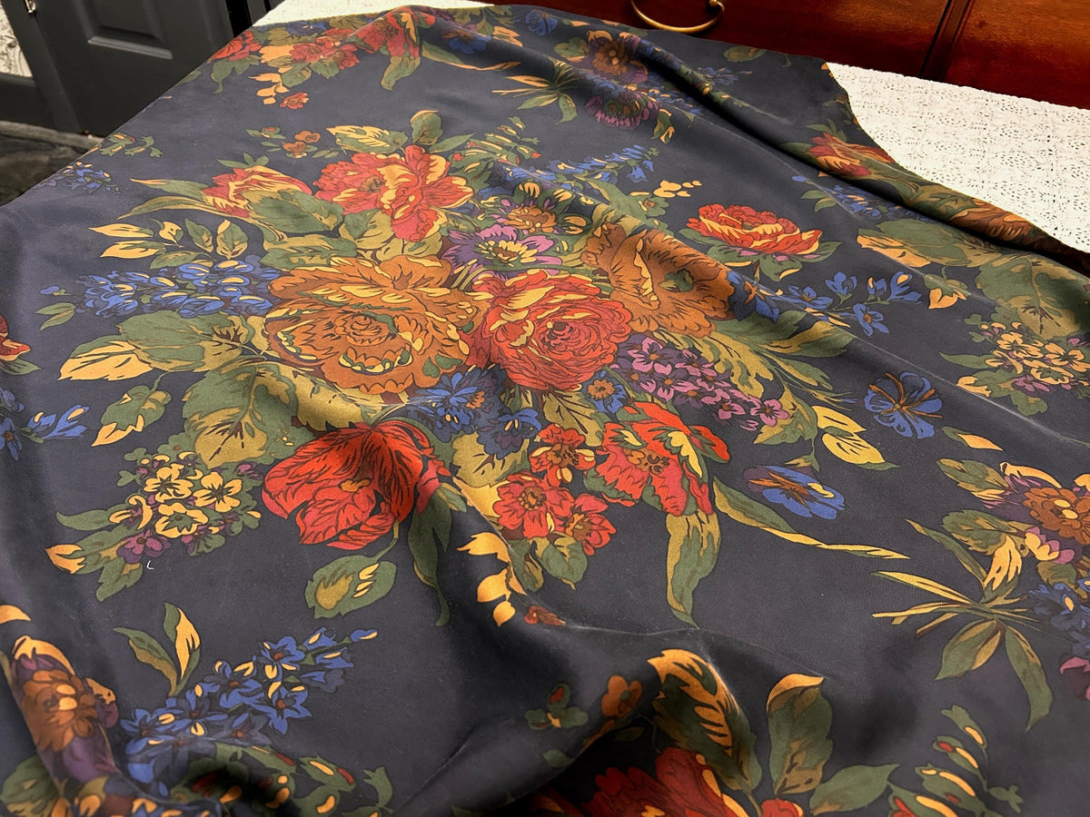 Vintage Ralph Lauren Silk Square Scarf Shabby Navy Blue Floral Roses