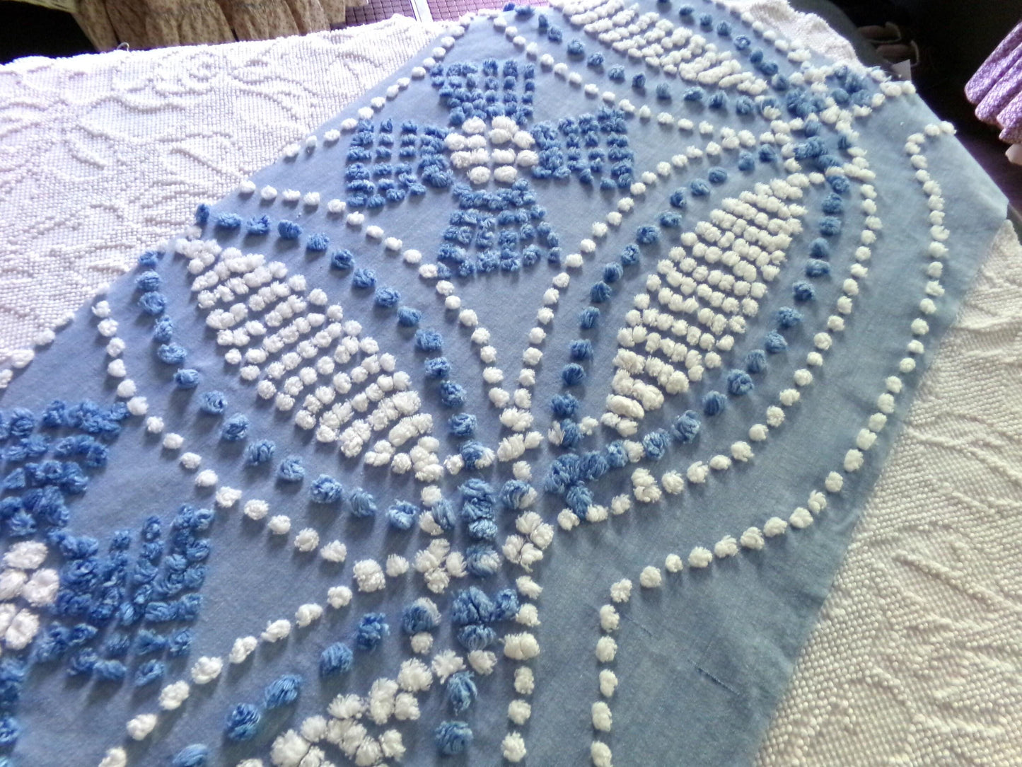 Shabby Beach Chic Vintage Chenille Fabric, Handmade Candlewick Blue & White Bow Design, 18" x 36" cut piece of cotton sewing material