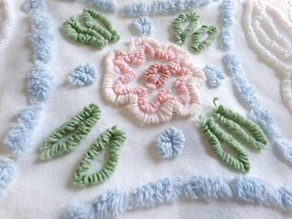 cottage chic vintage chenille fabric: pink & blue floral 24" x 24" cut piece sewing material