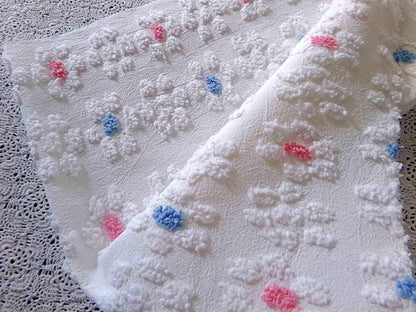 Vintage Style Chenille Fabric, Y2K Daisy, White, Pink & Blue, 22x26" Piece
