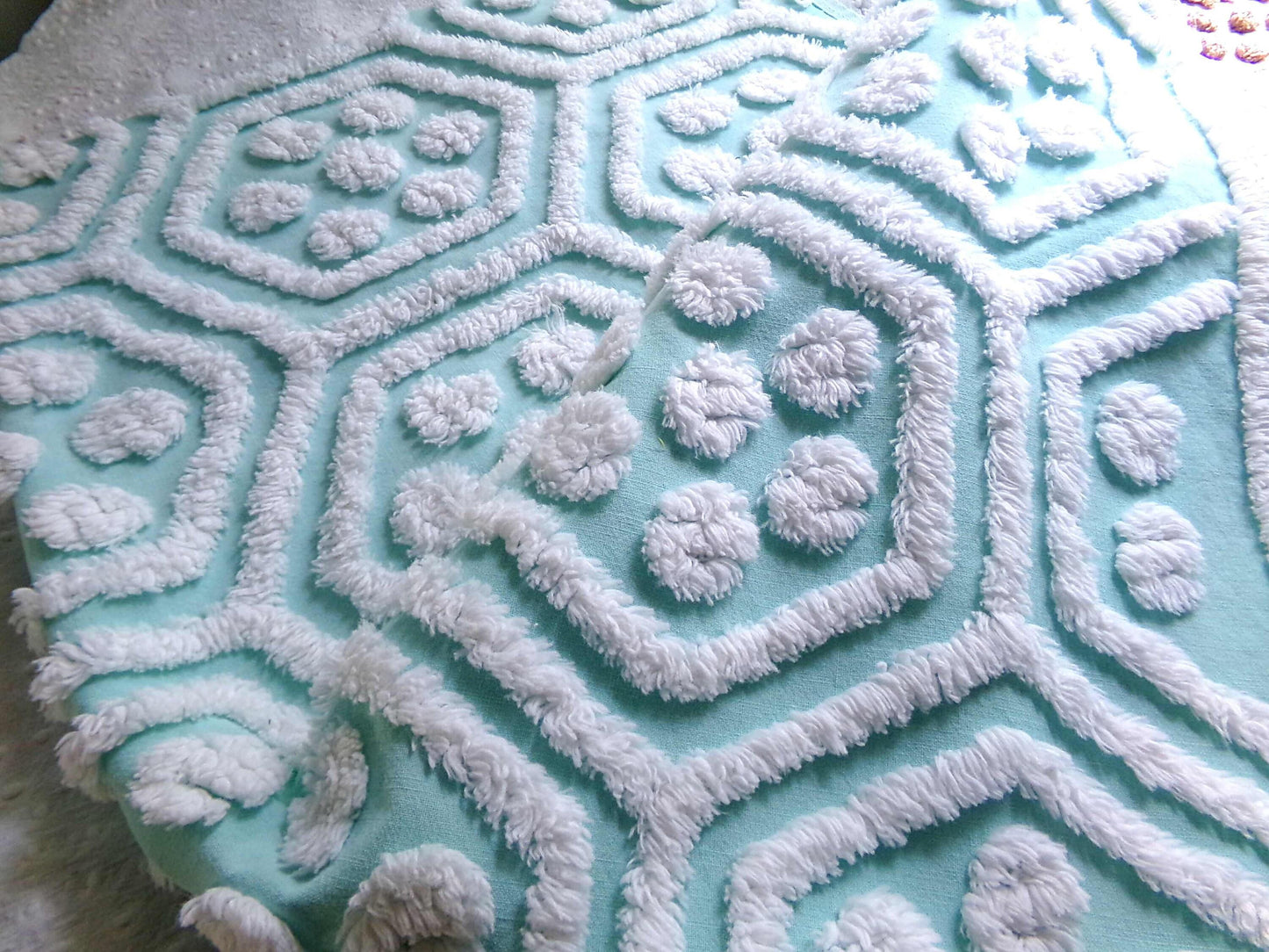 Vintage Chenille Fabric Coastal Fresh Aqua White Geometric Hexagon Dot 18x24"