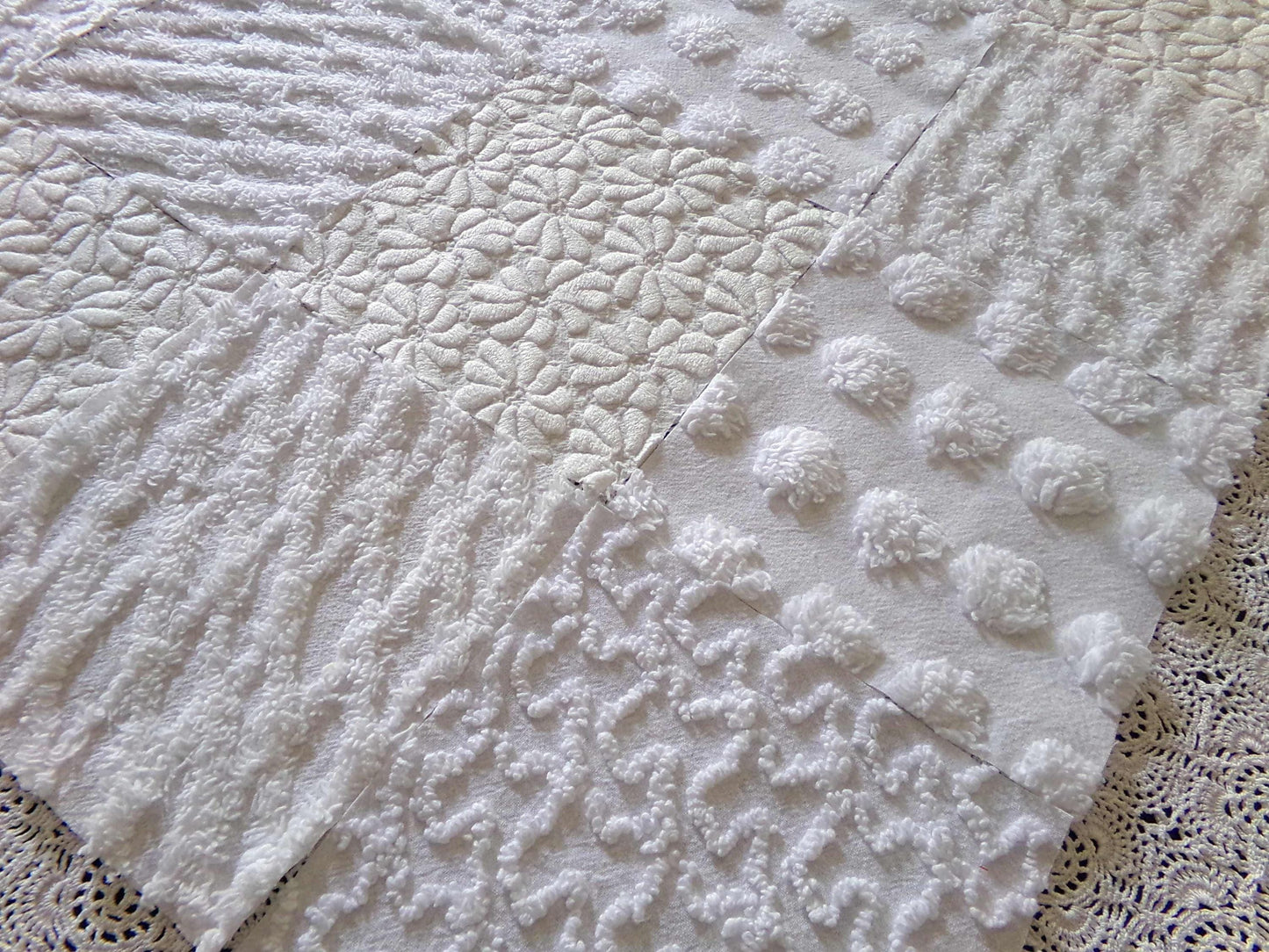 Daisies in Snow Chenille Fabric Squares, Set of 16 Quilt Blocks, 6" each in Shades of White, Great Neutral Textures