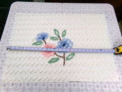 Vintage Chenille Fabric, Tufted Floral Bouquet on Cotton Seersucker, 19x26"