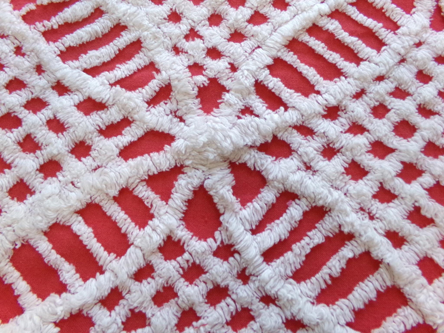 Red & White Geometric Chenille Fabric - Vintage Tufted Textured Cotton Fabric Quilting Crafts - 17" x 24" Piece of Sewing Material