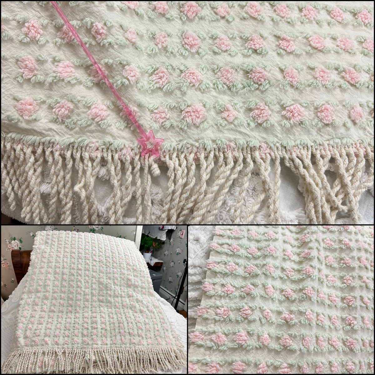 Vintage Pink Rosebud Chenille Bedspread Shabby Cottage Fringe Coverlet Full/Queen