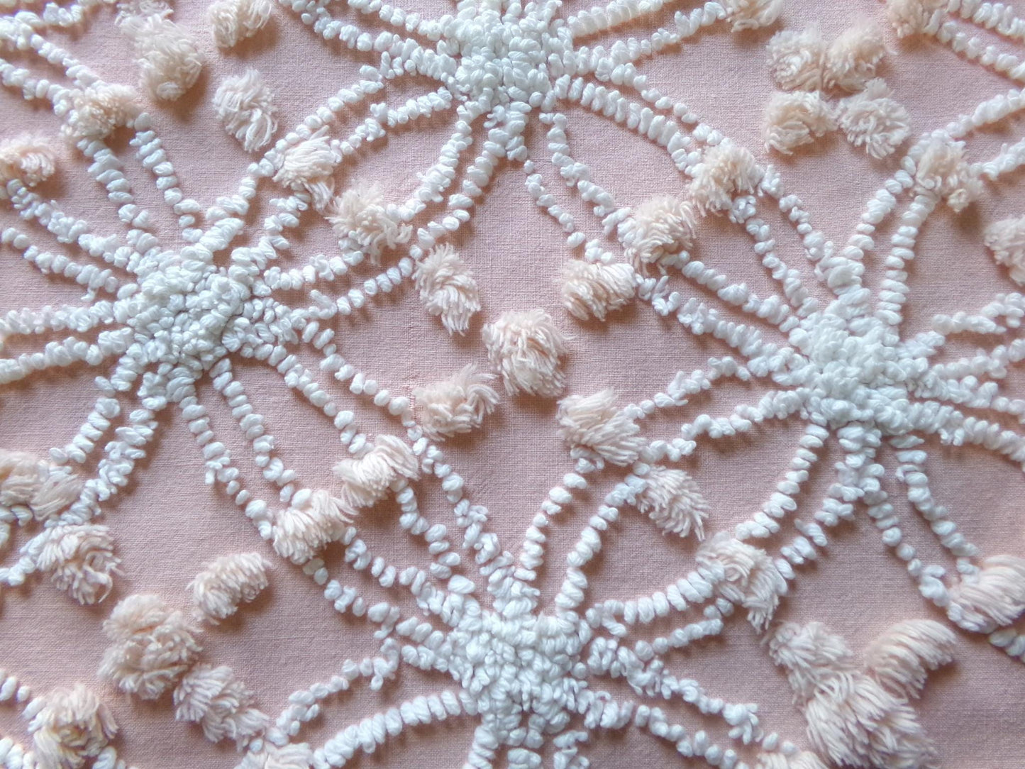 iced peach vintage chenille fabric, needletuft white wedding rings & overtufted pops, 20" x 24" piece sewing material for quilting, crafts