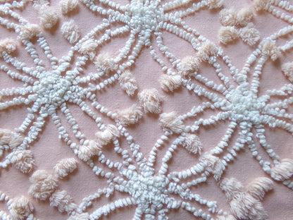 iced peach vintage chenille fabric, needletuft white wedding rings & overtufted pops, 20" x 24" piece sewing material for quilting, crafts