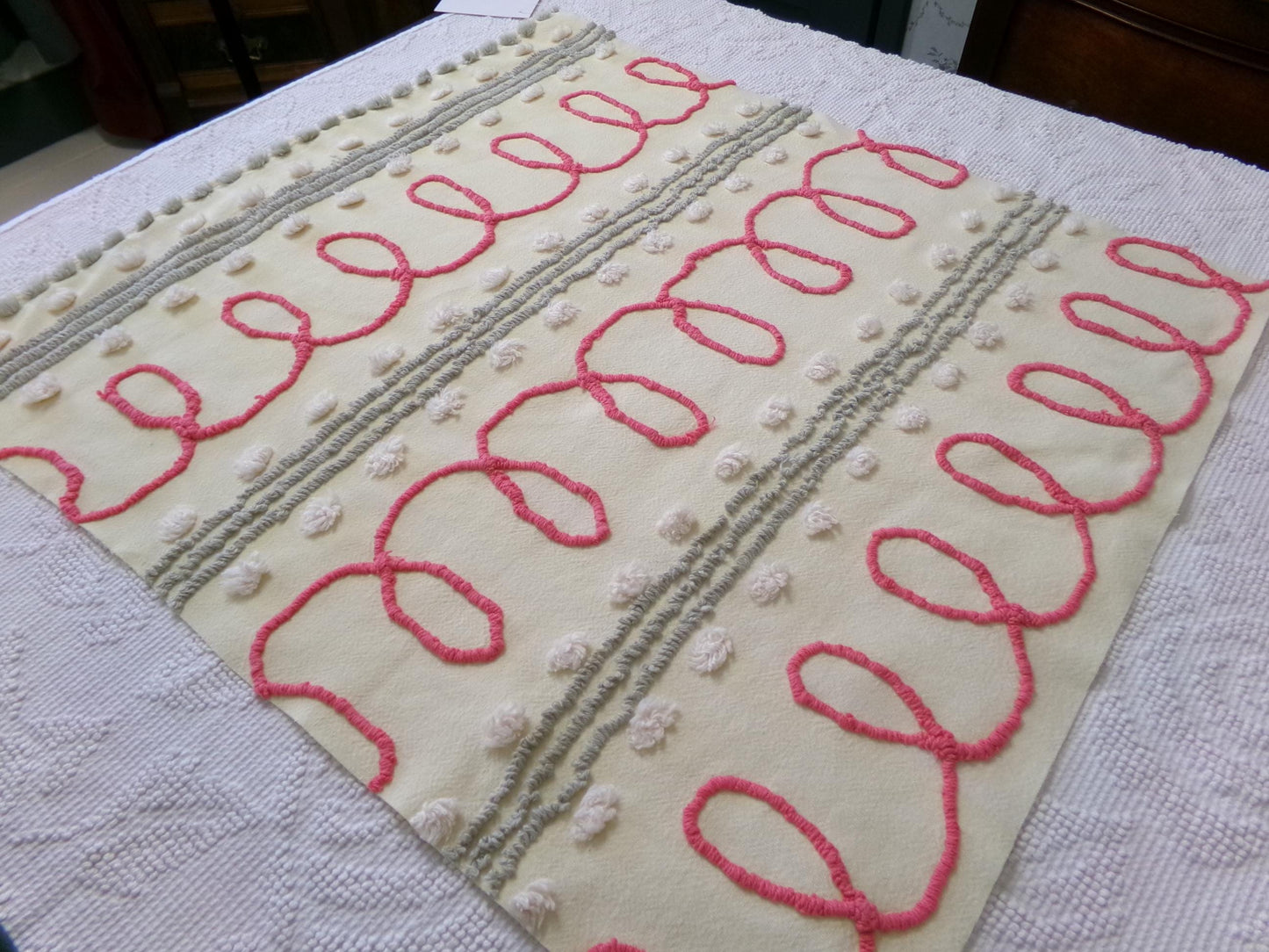 doodle dots vintage chenille bedspread fabric, yellow & red quilt sewing material, 23" x 21" piece