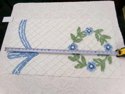 Floral Wreath Vintage Chenille Fabric, Blue & White Sewing Material 15" x 28" Piece