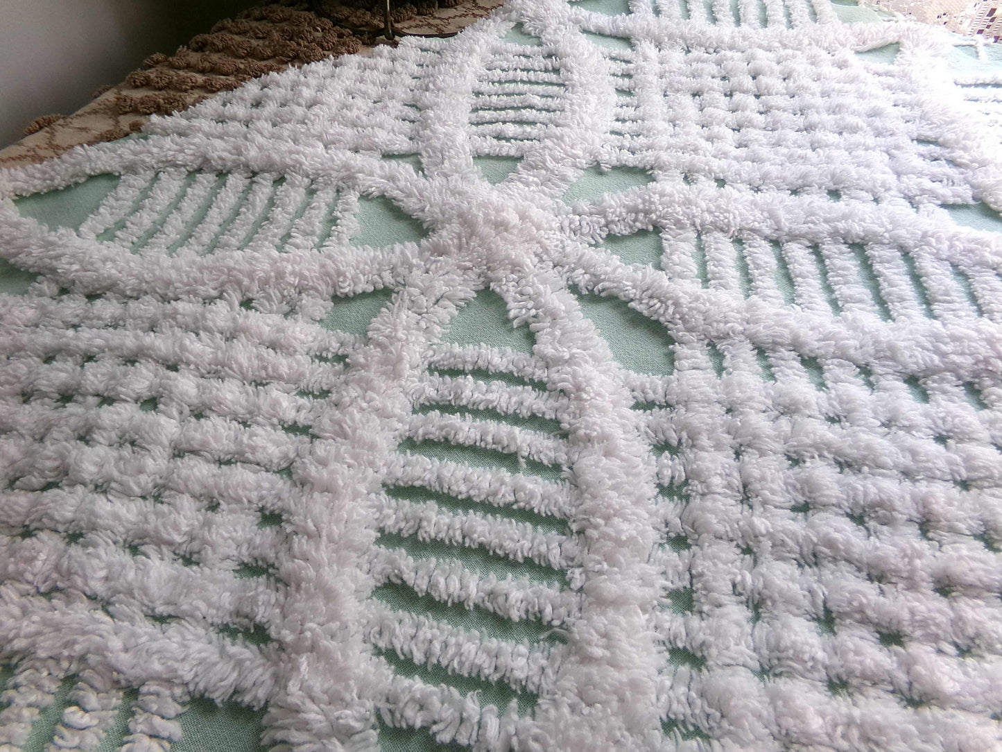 Mint Green Vintage Chenille Quilt Fabric, 21" x 30" inch Piece, White Geometric Wedding Ring Pattern