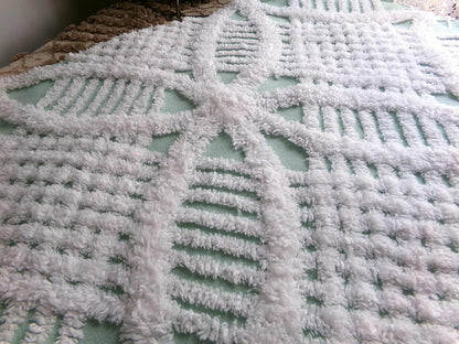 Mint Green Vintage Chenille Quilt Fabric, 21" x 30" inch Piece, White Geometric Wedding Ring Pattern