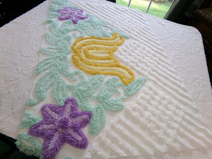 giant tulip vintage chenille fabric w/ purple star flowers on white cotton, 19" x 29" piece of sewing material