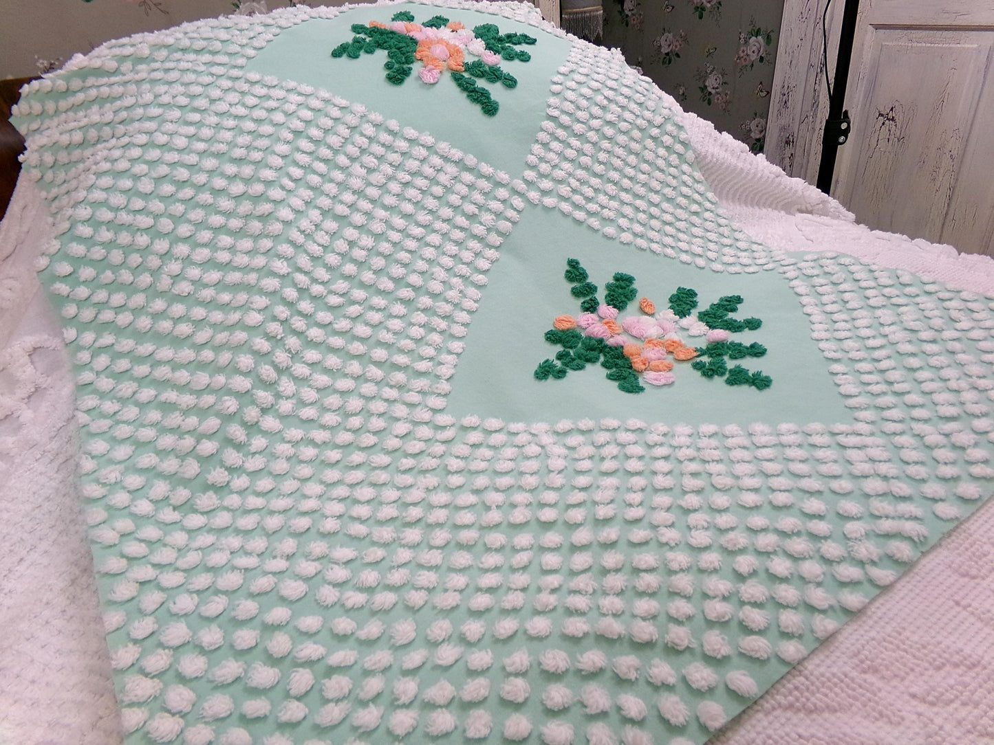 jade green floral vintage chenille fabric: handmade antique cotton sewing material for quilting, crafts, 31" x 24" piece