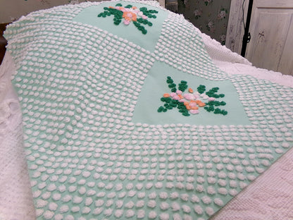 jade green floral vintage chenille fabric: handmade antique cotton sewing material for quilting, crafts, 31" x 24" piece