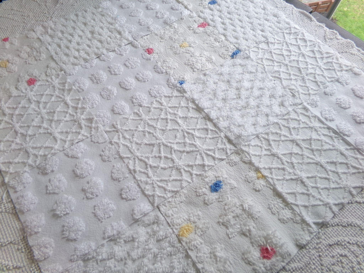 winter whimsy white chenille fabric squares, 16 vintage 6" x 6" quilt blocks, pops, webbed, diamond lattice & daisies for sewing, crafts