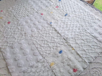 winter whimsy white chenille fabric squares, 16 vintage 6" x 6" quilt blocks, pops, webbed, diamond lattice & daisies for sewing, crafts