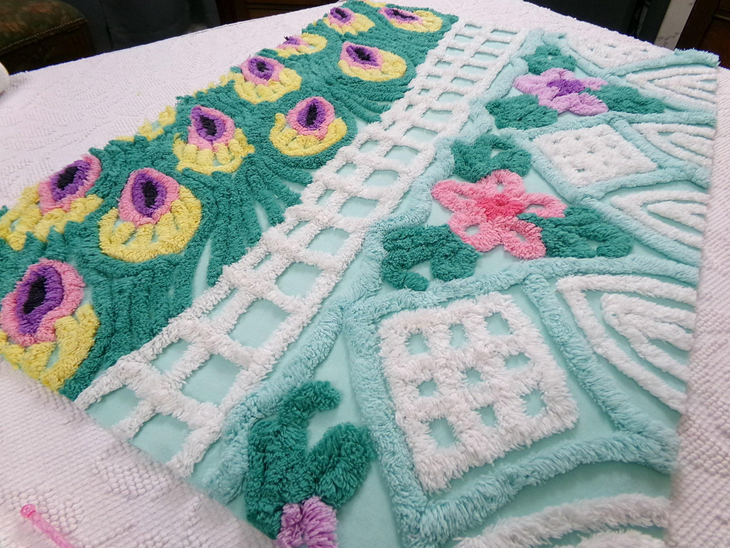 vintage seafoam chenille bedspread fabric, plush peacock feathers & tropical florals, 19" x 26" piece