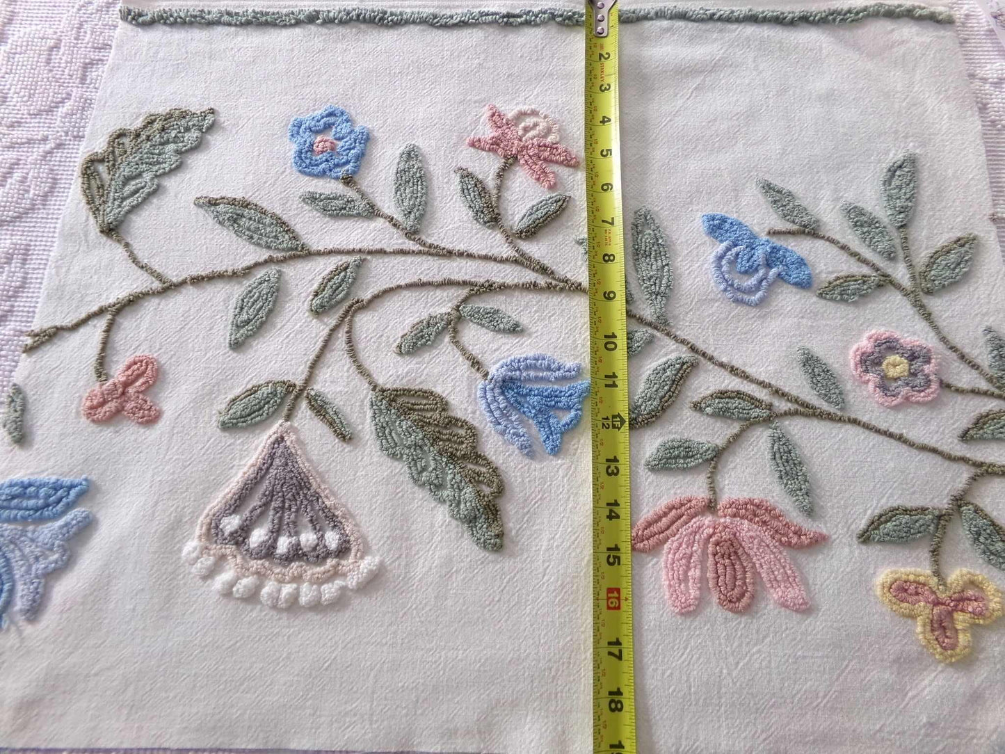 Woodland Meadow Vintage Chenille Bedspread Fabric, Floral Boho Sewing Material, 18" x 23" piece