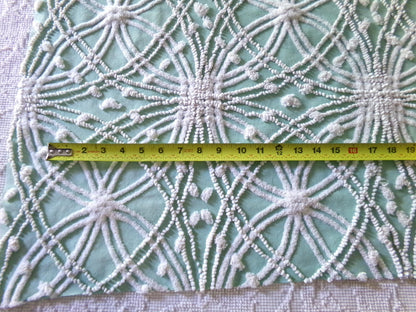 starry spiderweb jade green vintage chenille fabric, unique webbed design, 20" x 26" inch piece for quilting material & sewing
