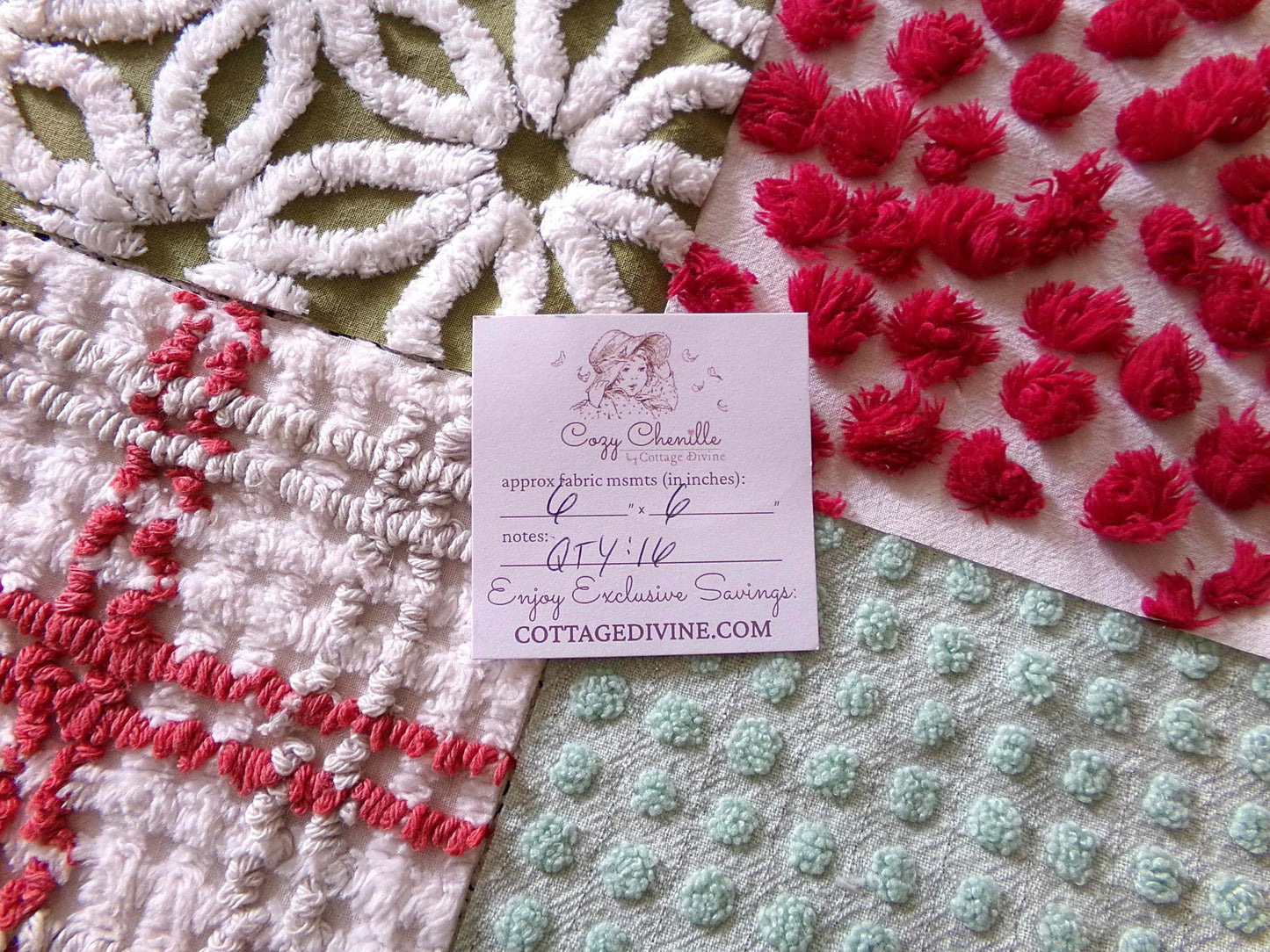 country Christmas chenille fabric squares, classic old-fashioned holiday red, green, white, set of 16 vintage quilt blocks 6" x 6" inch
