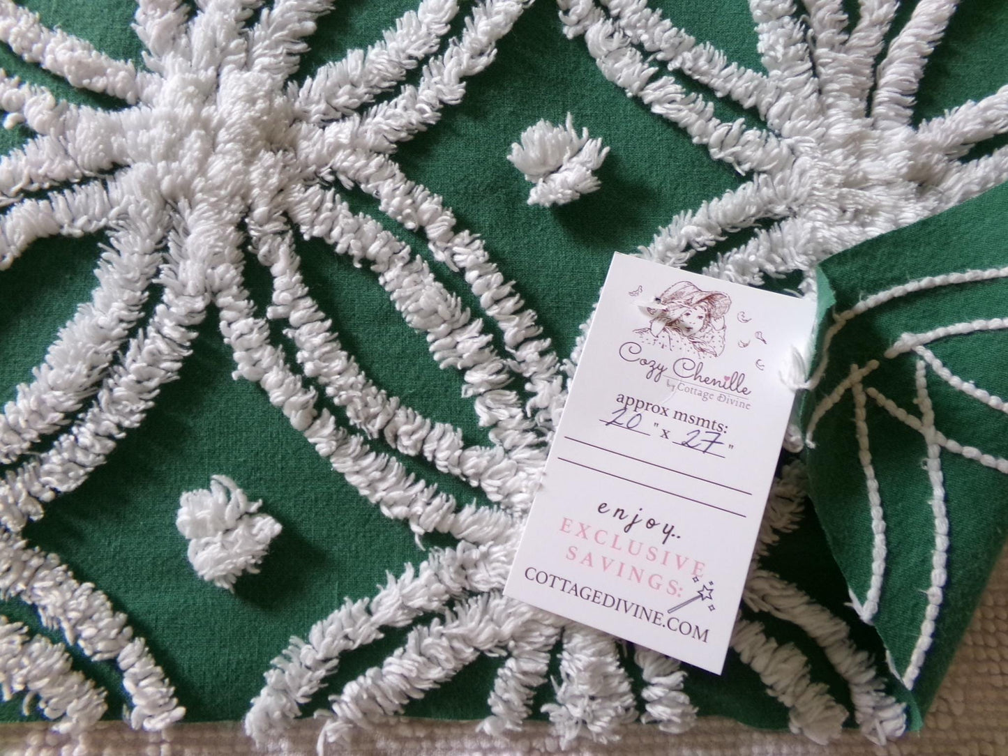 Evergreen Vintage Chenille Fabric, White Wedding Rings & Dots, 20x27" Piece