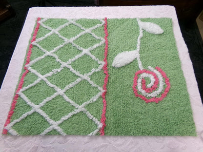 Pink Lollipop Flower Vintage Style Chenille Fabric Apple Green 22 x 27" Sewing Material
