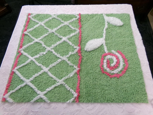 Pink Lollipop Flower Vintage Style Chenille Fabric Apple Green 22 x 27" Sewing Material