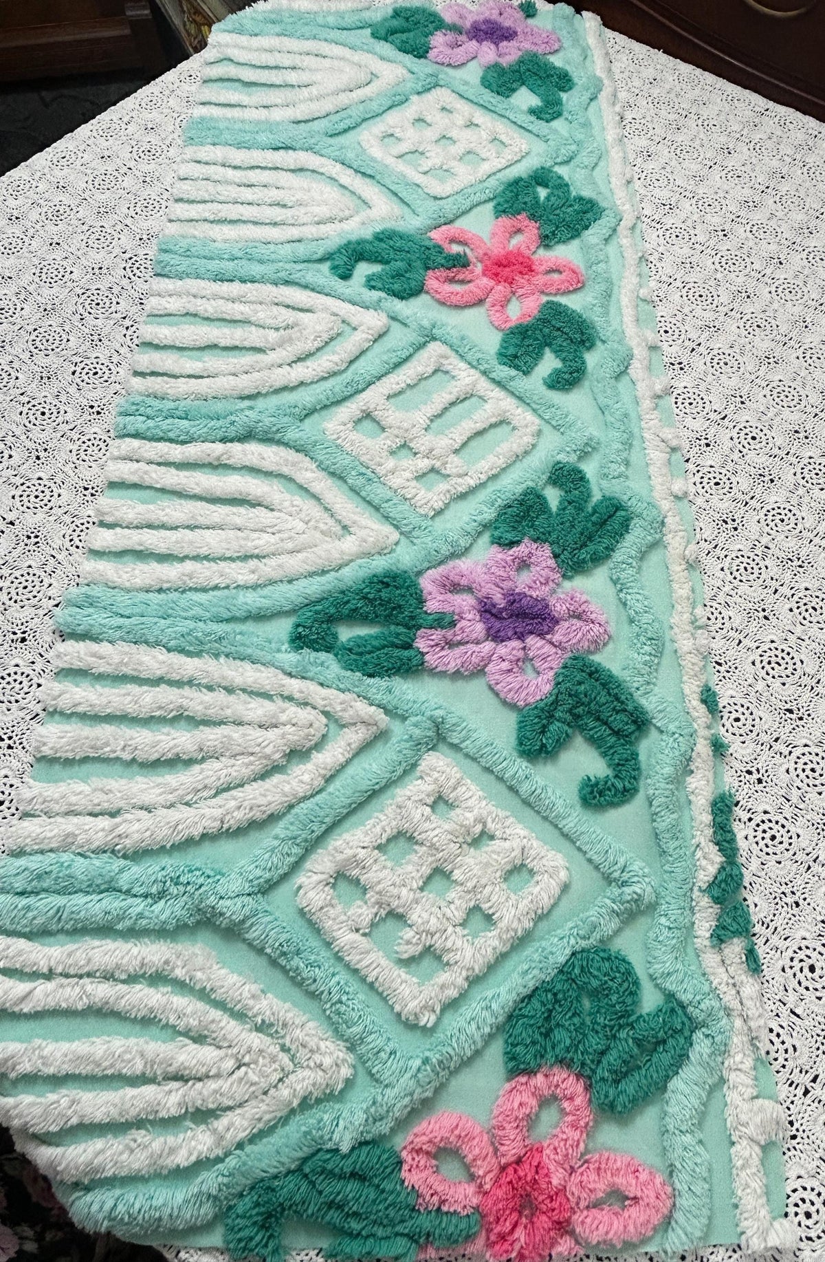 Seafoam Green Vintage Chenille Fabric, Plush Tropical Flowers 13x34" Piece