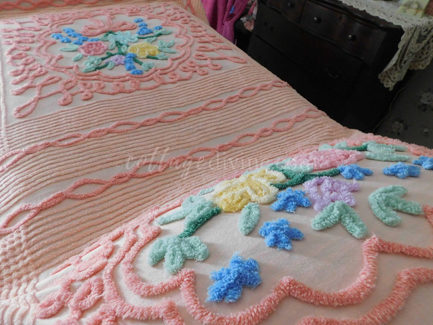 Romantic Vintage Chenille Bedspread, Spring Flowers on Old Fashioned Peach, Full Size 100% Cotton Summer Coverlet