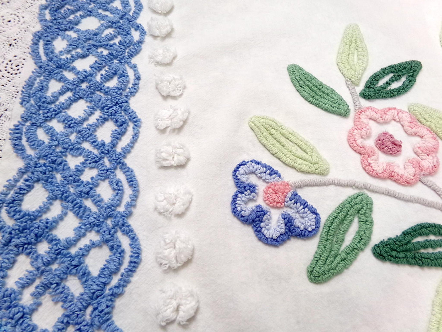 cottage style vintage chenille bedspread fabric 17x24" blue white floral
