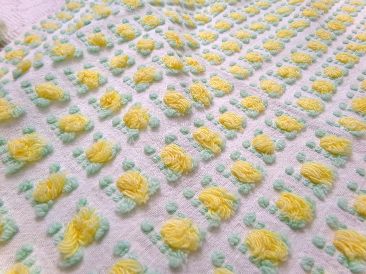yellow rosebud vintage chenille fabric, lemon tufted rose sewing quilt material 18x24"