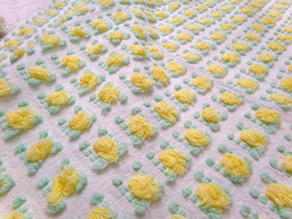 yellow rosebud vintage chenille fabric, lemon tufted rose sewing quilt material 18x24"