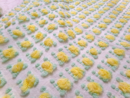 yellow rosebud vintage chenille fabric, lemon tufted rose sewing quilt material 18x24"