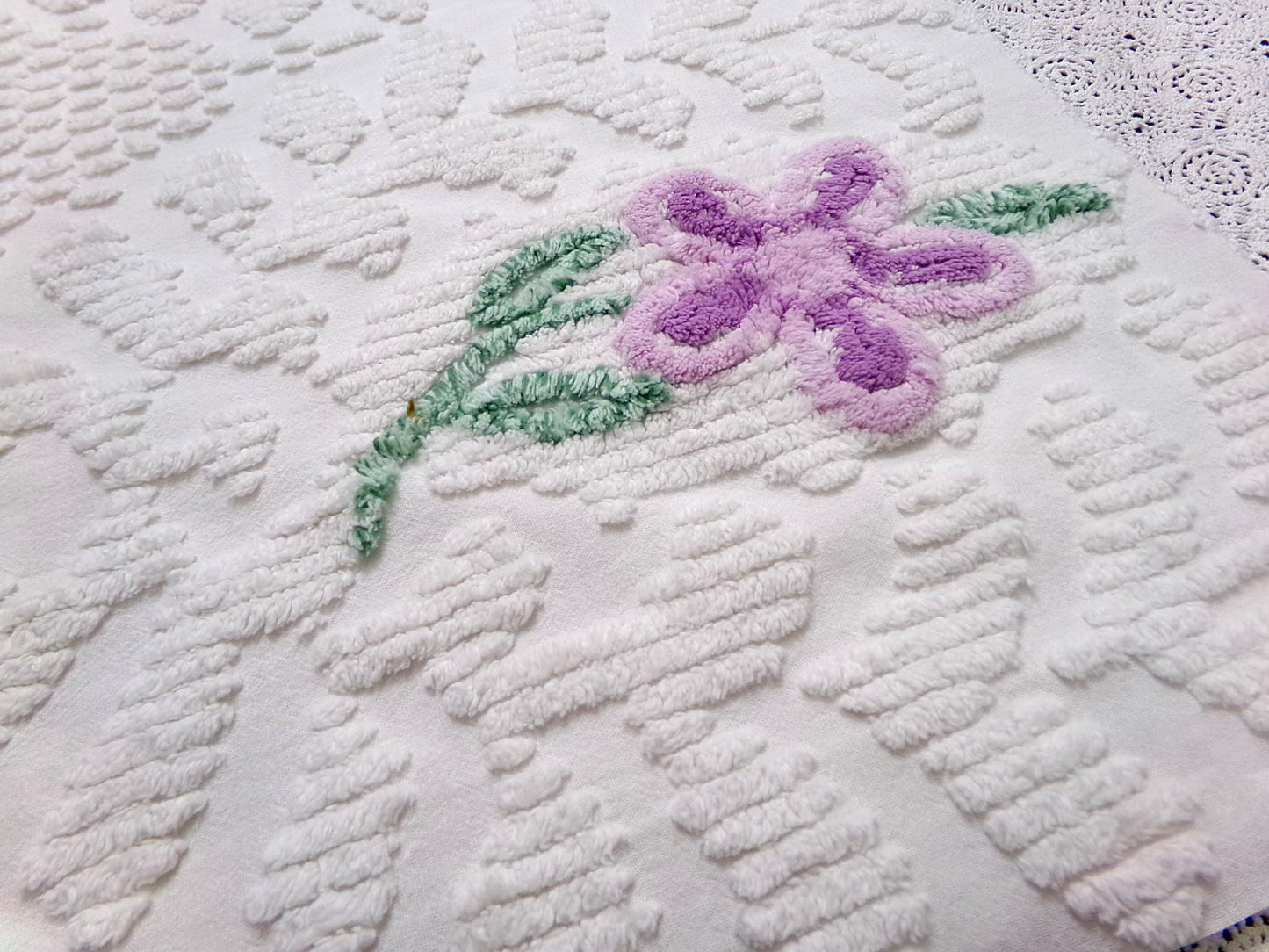 Little Lilacs Vintage Chenille Bedspread Fabric 26x36" Shabby Lightweight Quilting Material