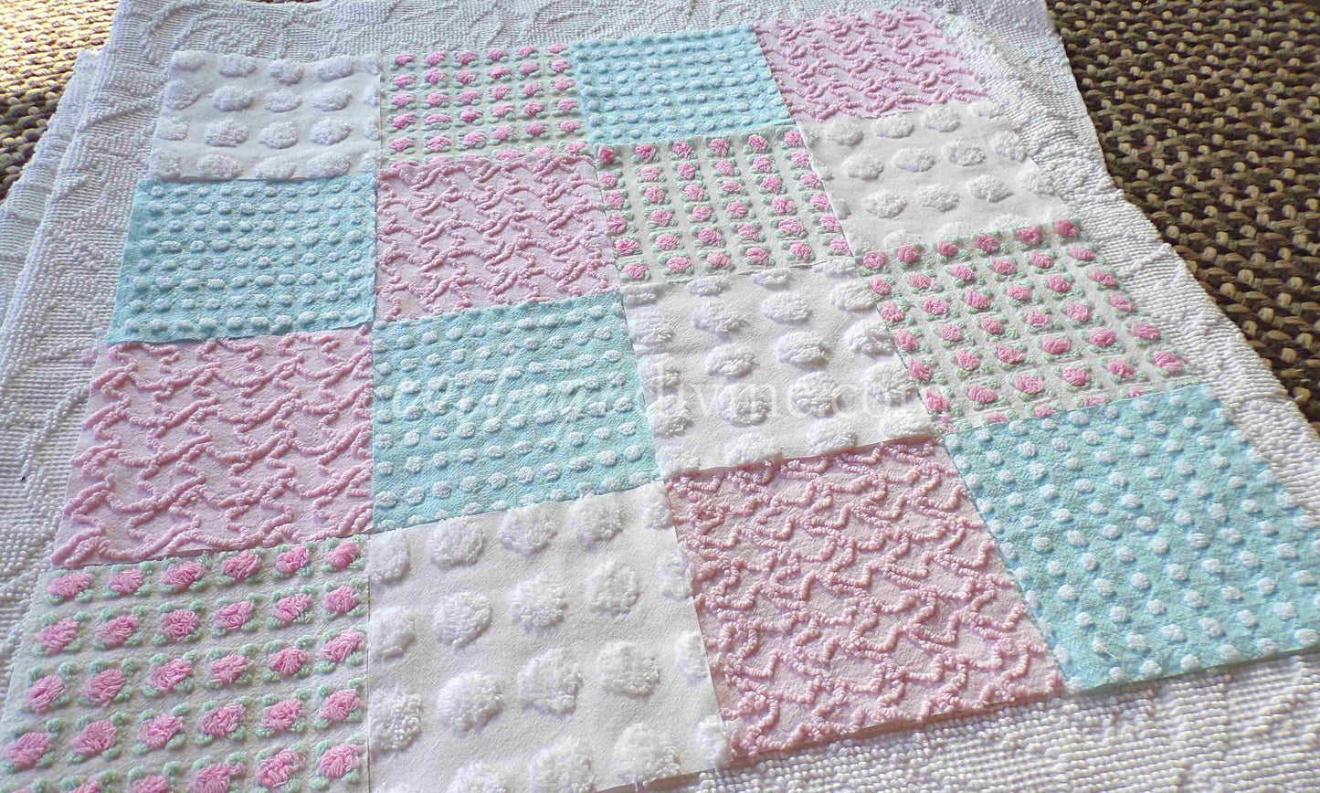 Classic Cottage Chic Chenille Fabric Squares, Set of 16 Vintage 6" Quilt Blocks, Pretty Pink Rosebud, Aqua & White