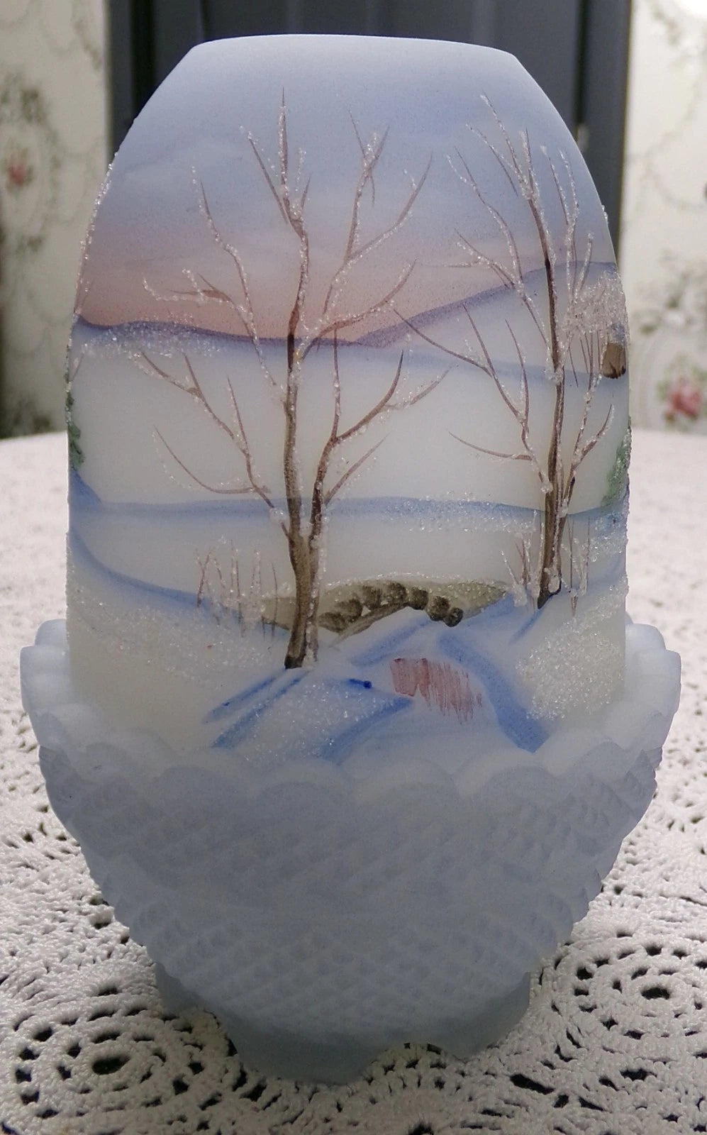 Vintage Fenton Fairy Lamp Country Horse Snow Handpainted Fredrick 1990 #477