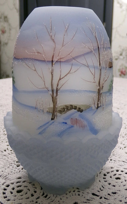 Vintage Fenton Fairy Lamp Country Horse Snow Handpainted Fredrick 1990 #477