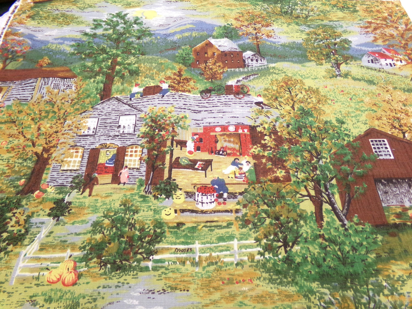 Grandma Moses HALLOWEEN Vintage Barkcloth Fabric, Midcentury Rustic Spooky Scene, 17" x 23"