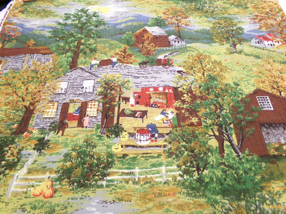 Grandma Moses HALLOWEEN Vintage Barkcloth Fabric, Midcentury Rustic Spooky Scene, 17" x 23"