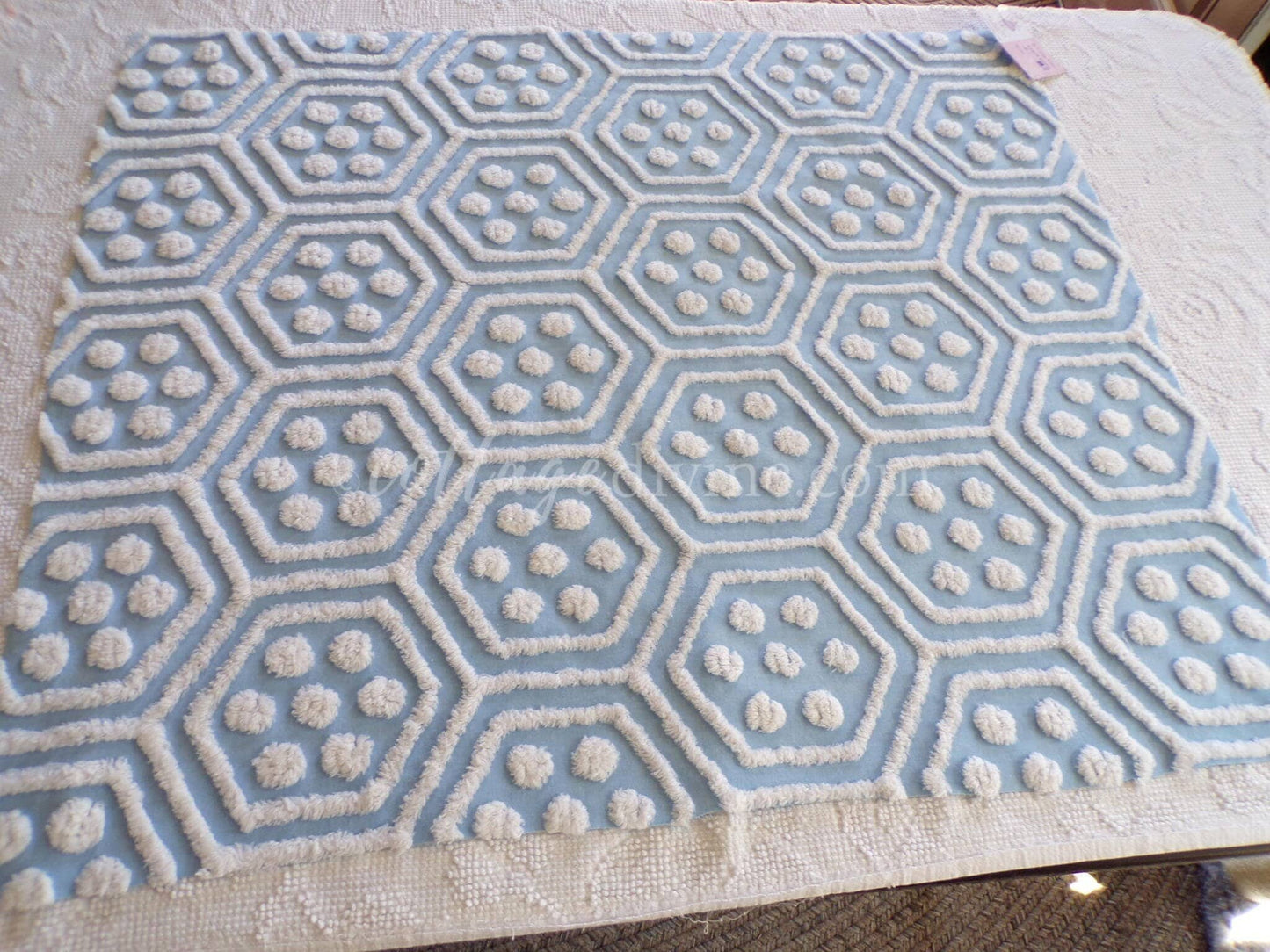 coastal cute vintage blue & white chenille fabric, reversible geometric hexagon dot design, 25" x 29" cut piece of sewing material
