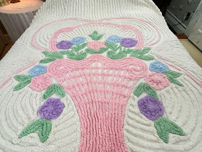 Vintage Chenille Bedspread Pink Flower Basket White Full Size Bed Cover