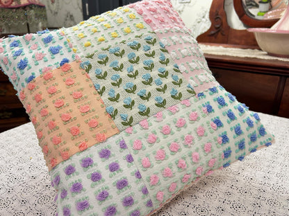 Vintage Rose Chenille Pillow Cover, 16" Square Reversible Patchwork Floral Design