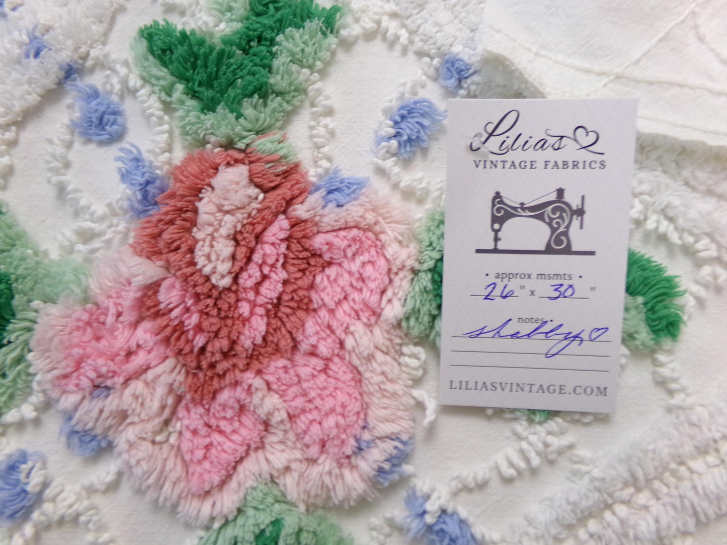 shabby romantic vintage chenille bedspread fabric, pink rose quilt material, 26" x 30" piece